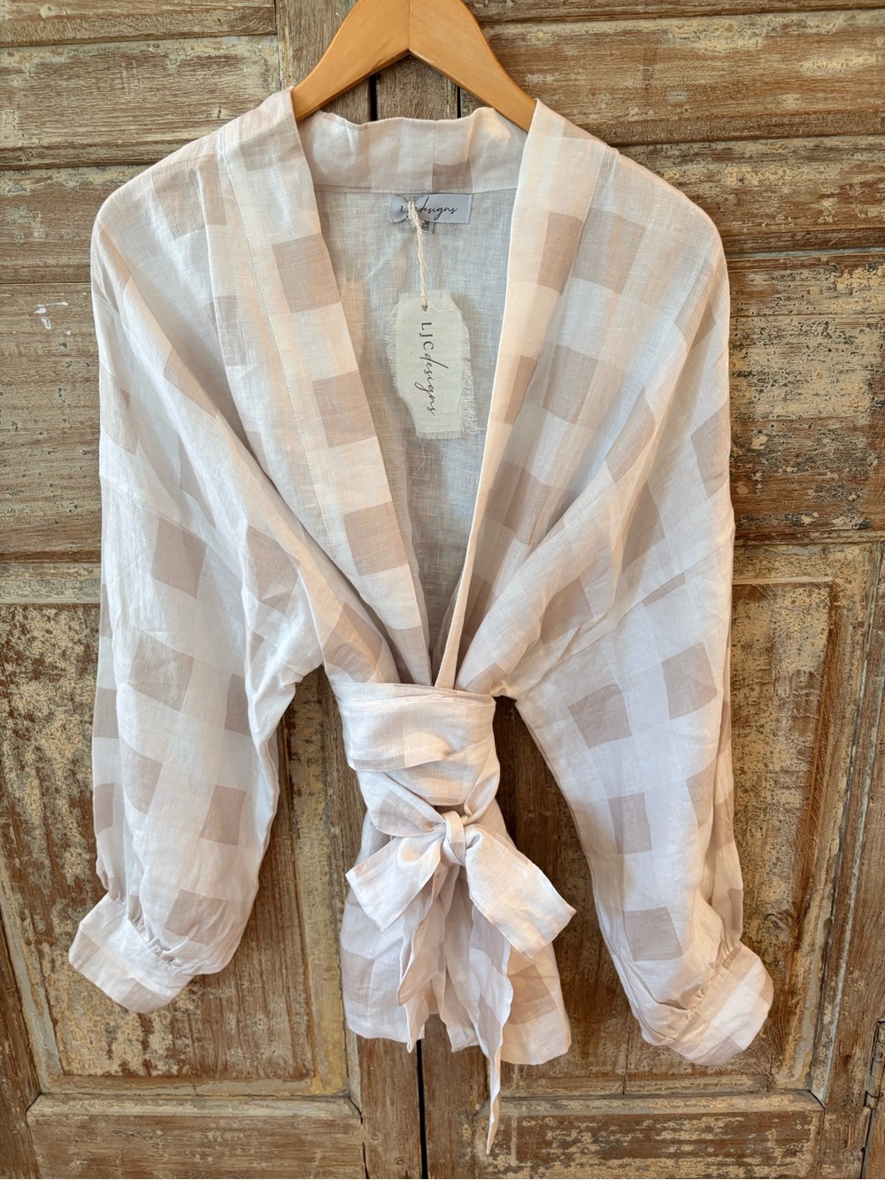 Goldie Beige Check Tie-Front Button Down Top